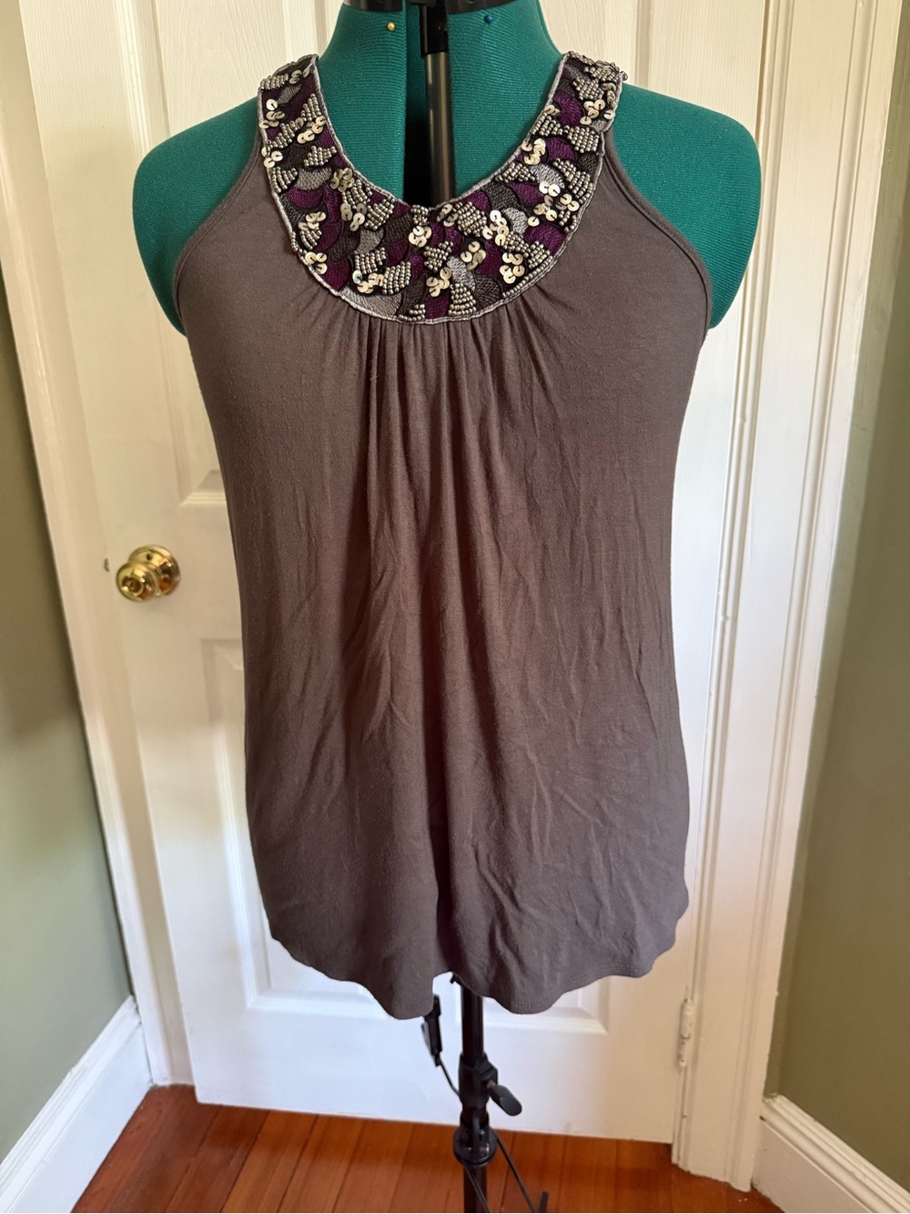 Pleione Embellished Neck Sleeveless Top in Taupe